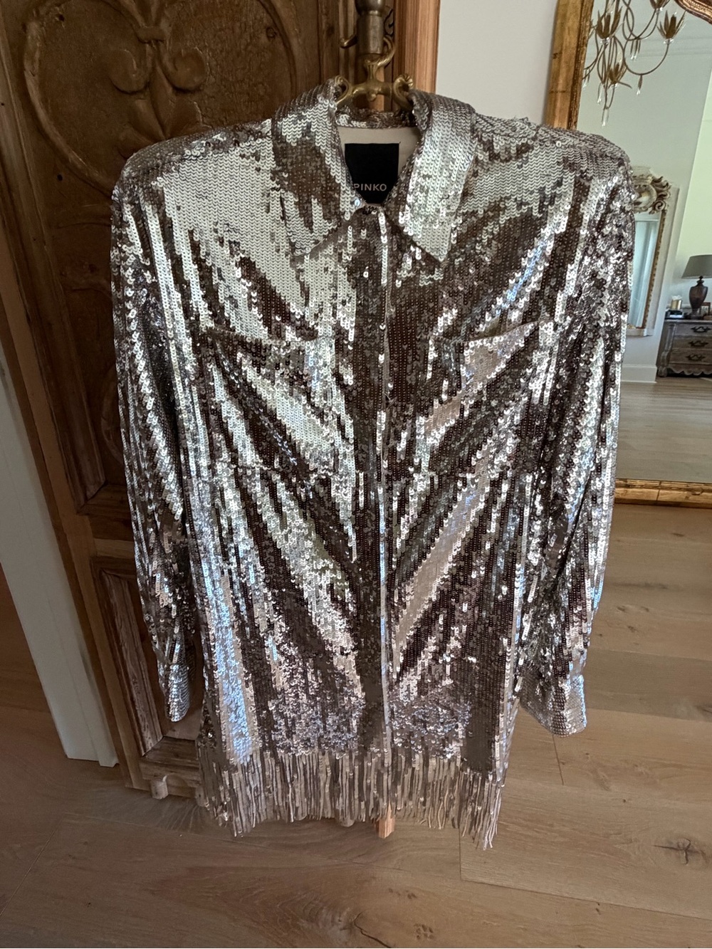 Pinko Silver Sequin Fringe Long-Sleeve Dress